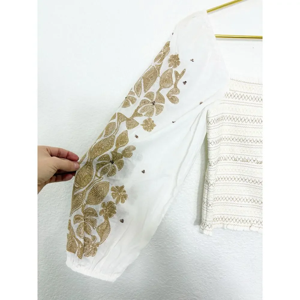 NWT Anthropologie Smocked Embroidered Top Size Small Cream Sequin Boho Chic